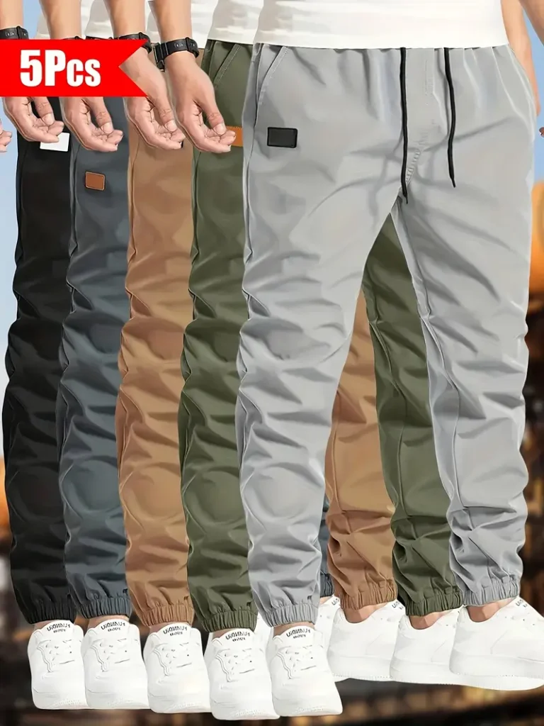 5pcs Men’S Solid Color Drawstring Jogger Pants – Polyester – Casual – Non-Stretch – Regular Length – Loose Fit – 150g/m2 – Woven Fabric – for Hiking & Outdoor