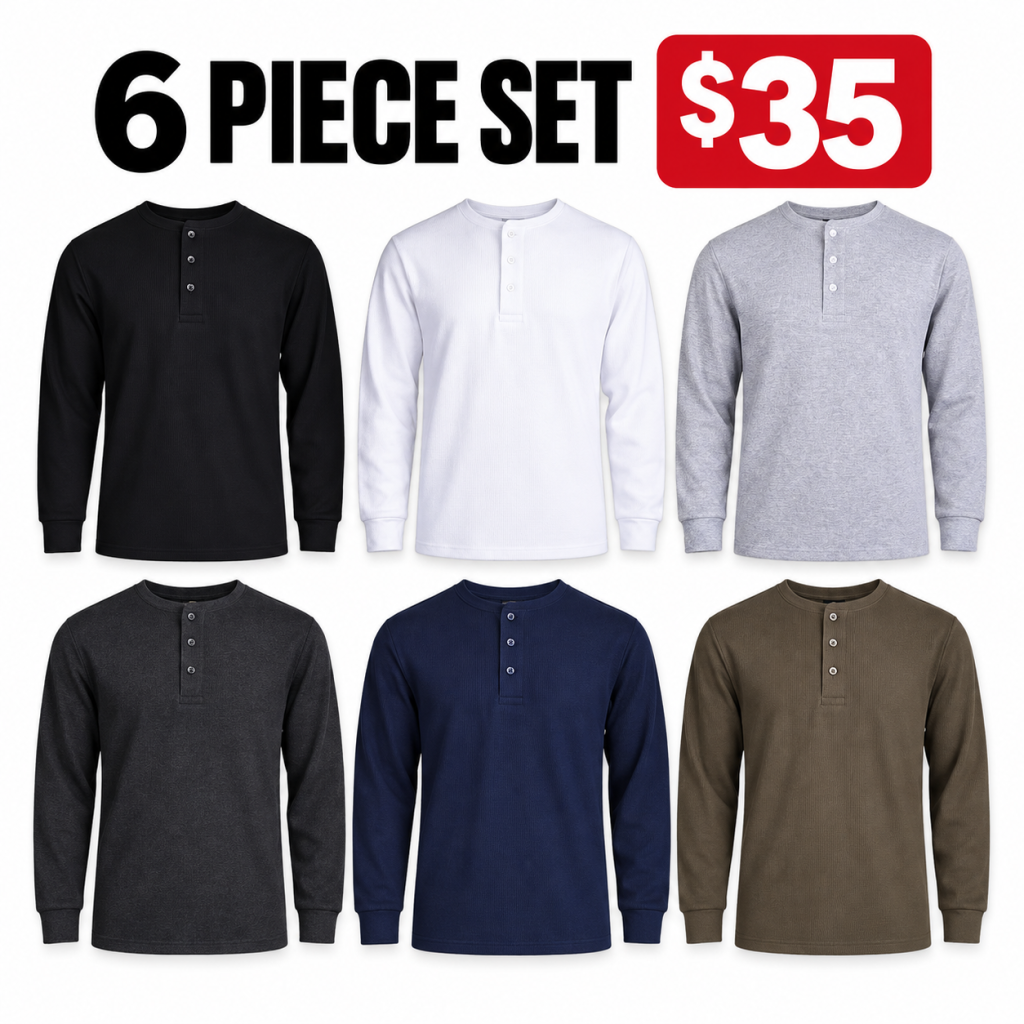 Men’s Cotton Waffle-Knit Thermal Henley Shirt Long Sleeve S-3XL Breathable Fashion Casual Pullover Solid Tops Knitwear Menswear